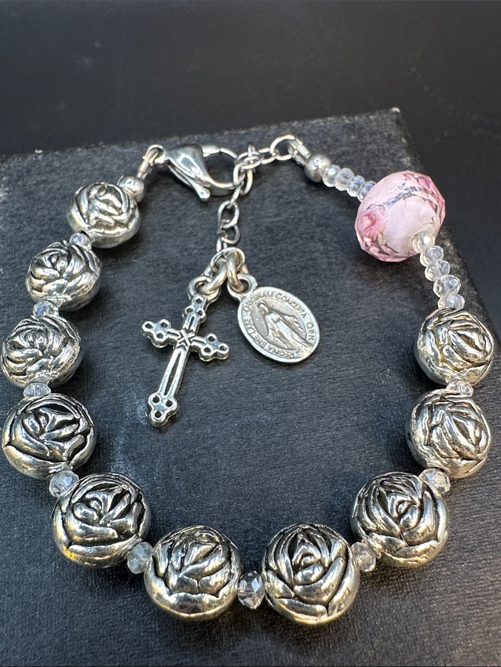 Faith Inspired Silver Rose Bead Bracelet Miraculous Medal Cross Charm Lampwork